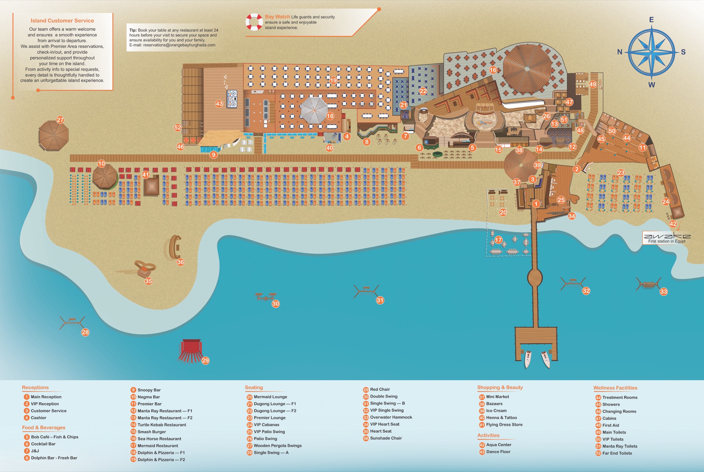Illustrated map of Orange Bay island showing the receptions, restaurants, bars, seating areas and wellness facilities